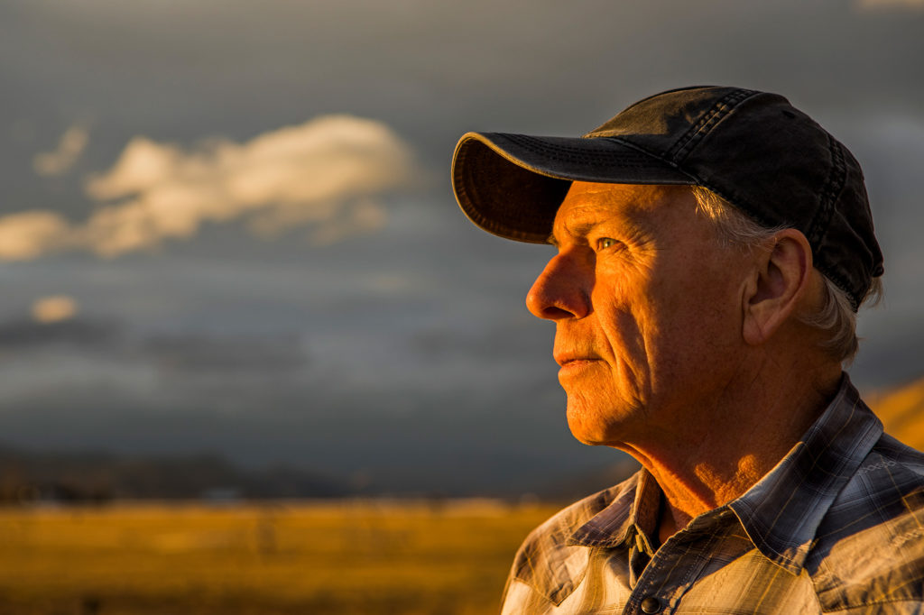 senior man looking out on his farm land during sunrise