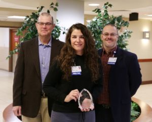 Left to right: Dr. Steve Pautler, CEO of Ste. Genevieve County Memorial Hospital; DQP Award winner Laura Fowler; and Hirshell Parker, Director of Quality and Risk Management and MoAHQ President